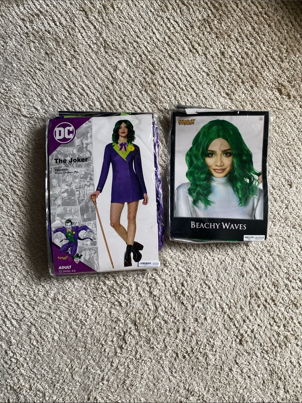 DC Joker Purple Dress Costume with Green Wig Beachy Waves
